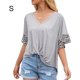 thumbnail image 1 of Camiseta de mujer con estampado de manga corta, cuello en V, camiseta suelta torcida de verano, gris, S tholdsy AP001233-01, 1 of 7