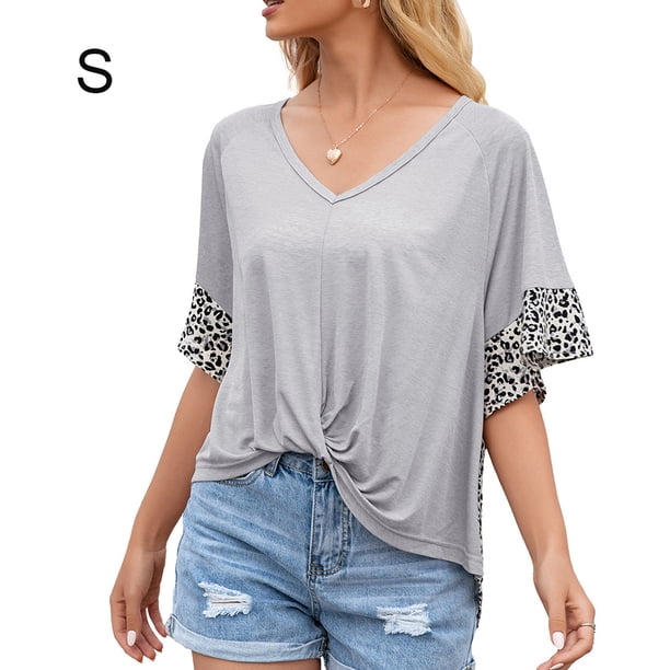 Camiseta de mujer con estampado de manga corta, cuello en V, camiseta suelta torcida de verano, gris, S tholdsy AP001233-01