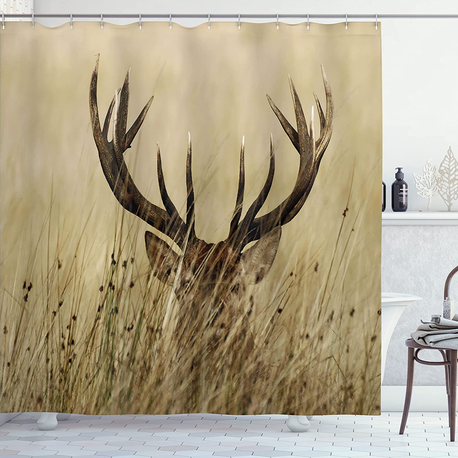 JOOCAR Antler Shower Curtain, Whitetail Deer Fawn in Wilderness Stag in Countryside Rural