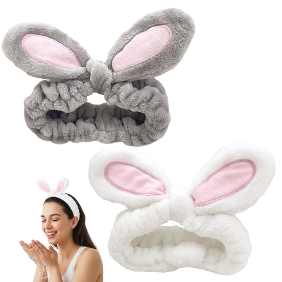 Cute Rabbit Ears Spa Headband, 2-Pack Soft Elastic Hair Band for Face Washing, Yoga, Makeup & Skincare(Grey,White)
