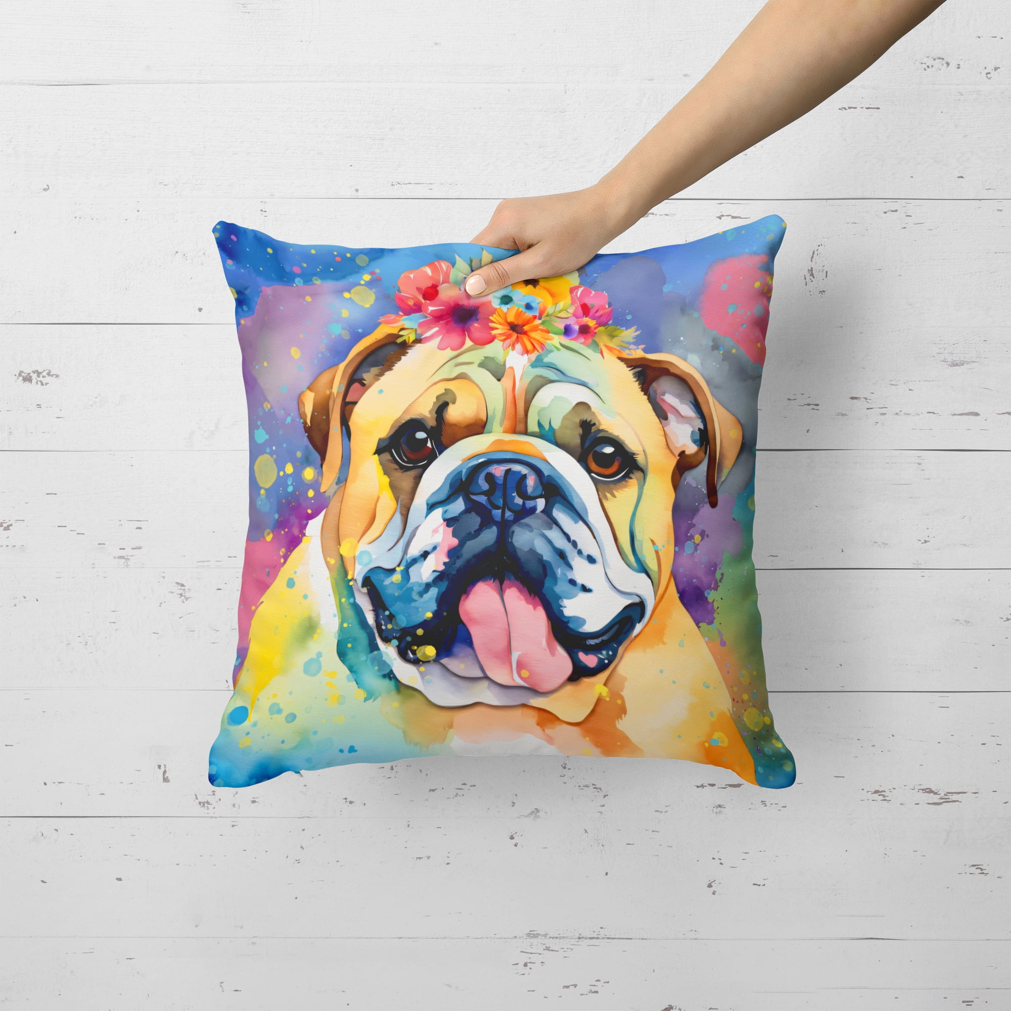 English Bulldog Hippie Dawg Fabric Decorative Pillow 18 in x 18 in