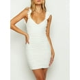 thumbnail image 2 of Bslissey Women's Summer Mini Cami Dress White Sleeveless Deep V-neck Ruffle Shoulder Straps Bodycon Dress Ladies Fashion Ruched Party Dress for Cocktail Streetwear, 2 of 5