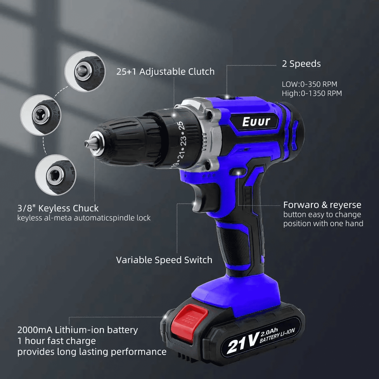 Euur Cordless Drill, 21V Power Drill Set, 25+1 Position Adjustable Torque Electric Drill, 2-Speed Transmission For Screwdriving And Drilling, Blue