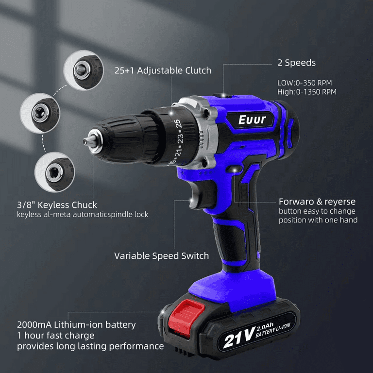 Euur Cordless Drill, 21V Power Drill Set, 25+1 Position Adjustable