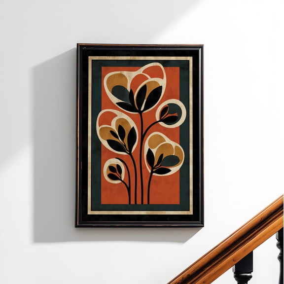 Retro Folk Floral Wall Art Moody Botanical Mid Century Decor, Unframed Paper Print Size 8x12