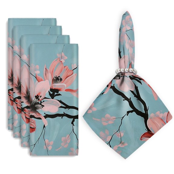 Bahomeck Cloth Napkins Set Of 4 Hand-Painted Pink Magnolia Flowers On Light Blue Background Square Napkins Washable Dining Table Napkin For Home Holiday Wedding Party Dinner Decor 18*18 Inch