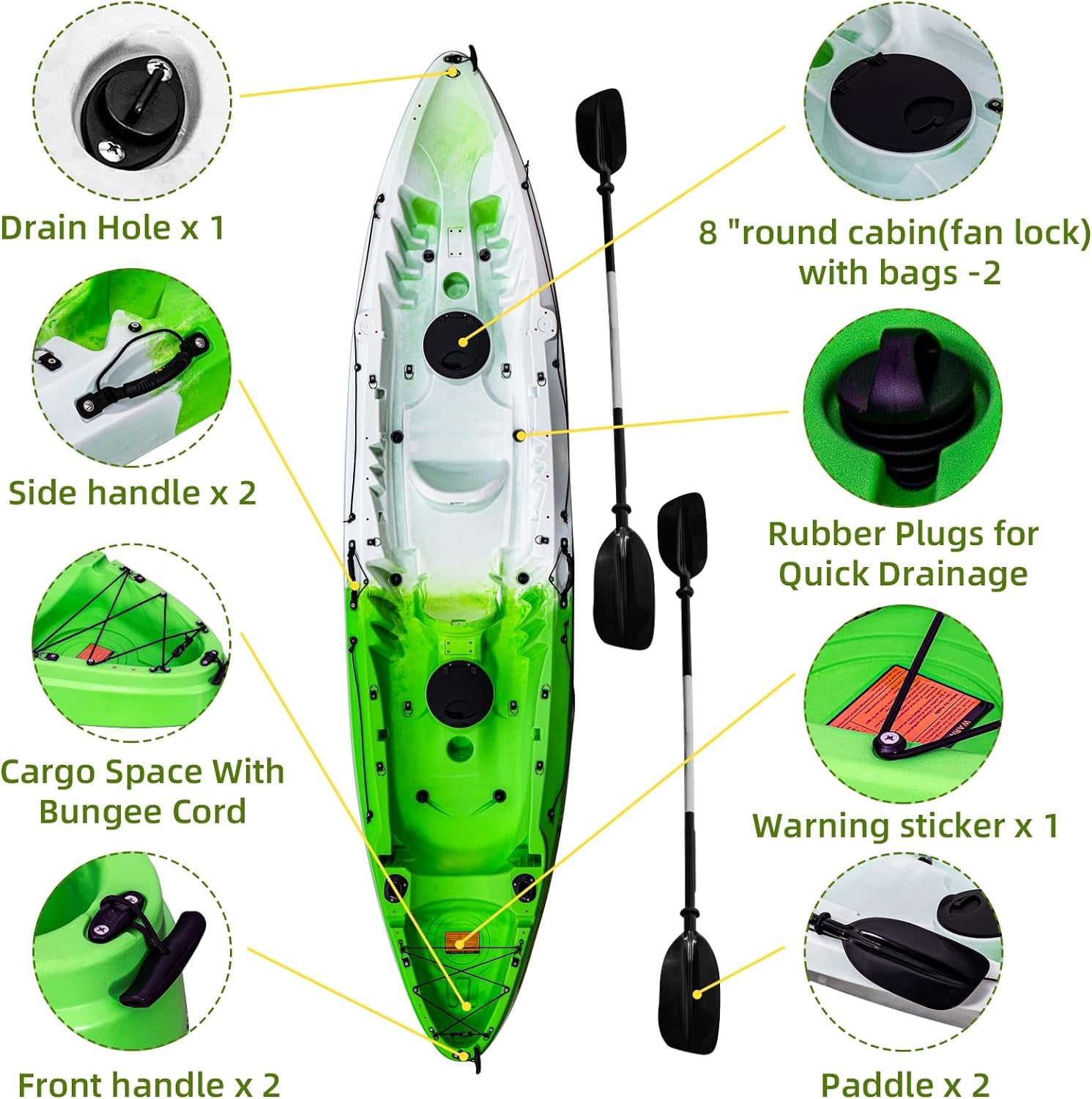 Tandem Fishing Kayak, 12.4FT for 2-3 Adults with Paddle, Comfortable Seats, 600LBS Capacity, Hard-Shell Ocean Kayak