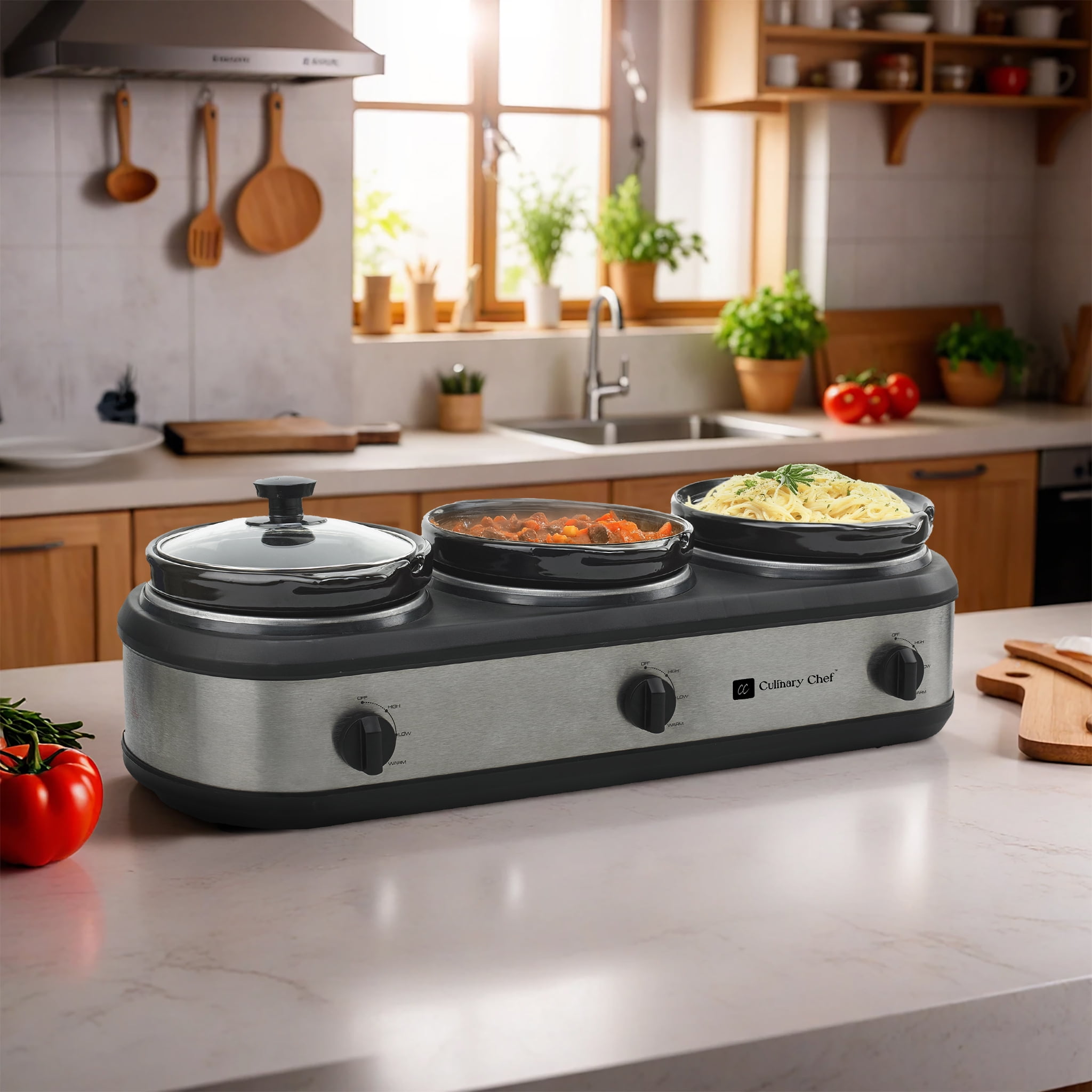 Culinary Chef 3 x 2.5 Qt. Triple Slow Cooker, Individual Temperature Controls, Tempered Glass Lids, Stainless Steel
