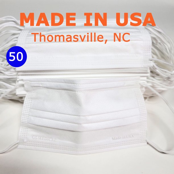 GSM Disposable Face Mask, Made in USA, 50/ Box, Ear Loops, Nose Pin