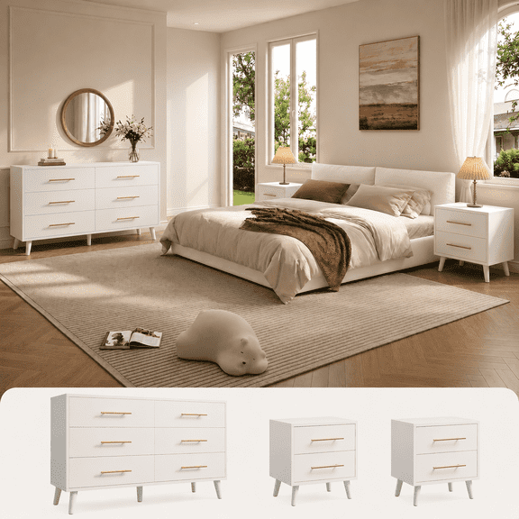 Noelse 3 Piece Bedroom Furniture Set, 6 Drawer Dresser with 2 Nightstands, Modern Wood Storage Organizer with Metal Handles for Bedroom, Living Room, White