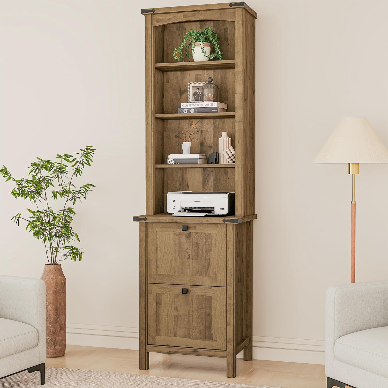 FIAKOA Bookshelf Set of 2, 71" Tall Rustic Wood Bookcases with Adjustable Shelves and File Drawers, Farmhouse Bookshelves for Home Office or Living Room(Natural Wood)