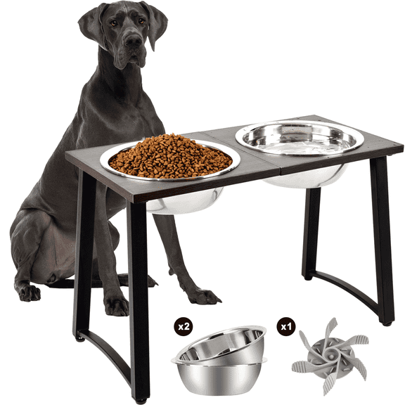 Elevated Dog Bowl Stand for Large & X-Large Dogs, 16" Tall Heavy-Duty Feeder with 2 Stainless Steel Bowls & Slow Feeder Insert