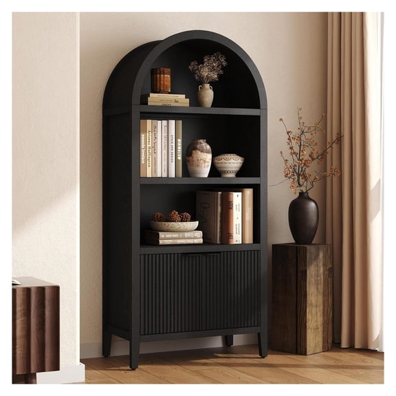 71" Tall Arched Bookcase, 5-Tier Arched Bookshelf, Black Bookshelf, Arch Cabinet Display Cabinet with Fluted Doors and Shelves, Modern Farmhouse Kitchen Pantry for Living Room Bedroom
