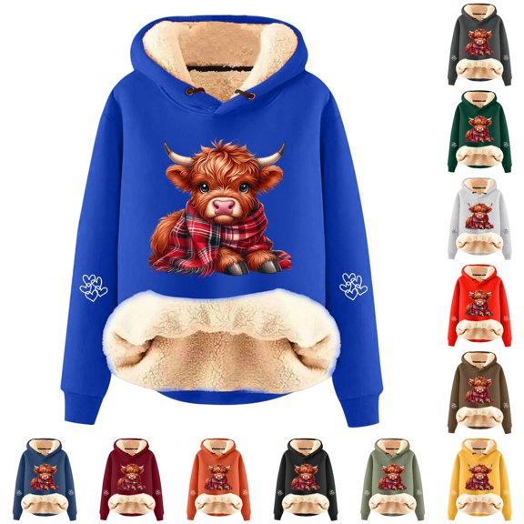 NinXxx Women's Casual Cow Print Hoodie Long Sleeve Pullover Sweatshirt Blue L