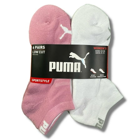 PUMA SOCKS WOMEN'S - LOW CUT 253 - SOLID WHITE PINK - SHOE SZ 5-9.5 - PACK 6