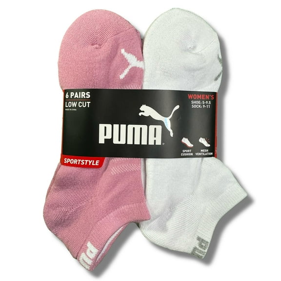 PUMA SOCKS WOMEN'S - LOW CUT 253 - SOLID WHITE PINK - SHOE SZ 5-9.5 - PACK 6