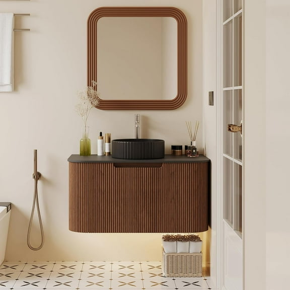 36" Floating Bathroom Vanity with Sink, Modern Wall Mounted Vanity Bathroom Storage Cabinet with Fluted Drawers, Dark Gray Sintered Stone Top Black Ceramic Basin, Walnut
