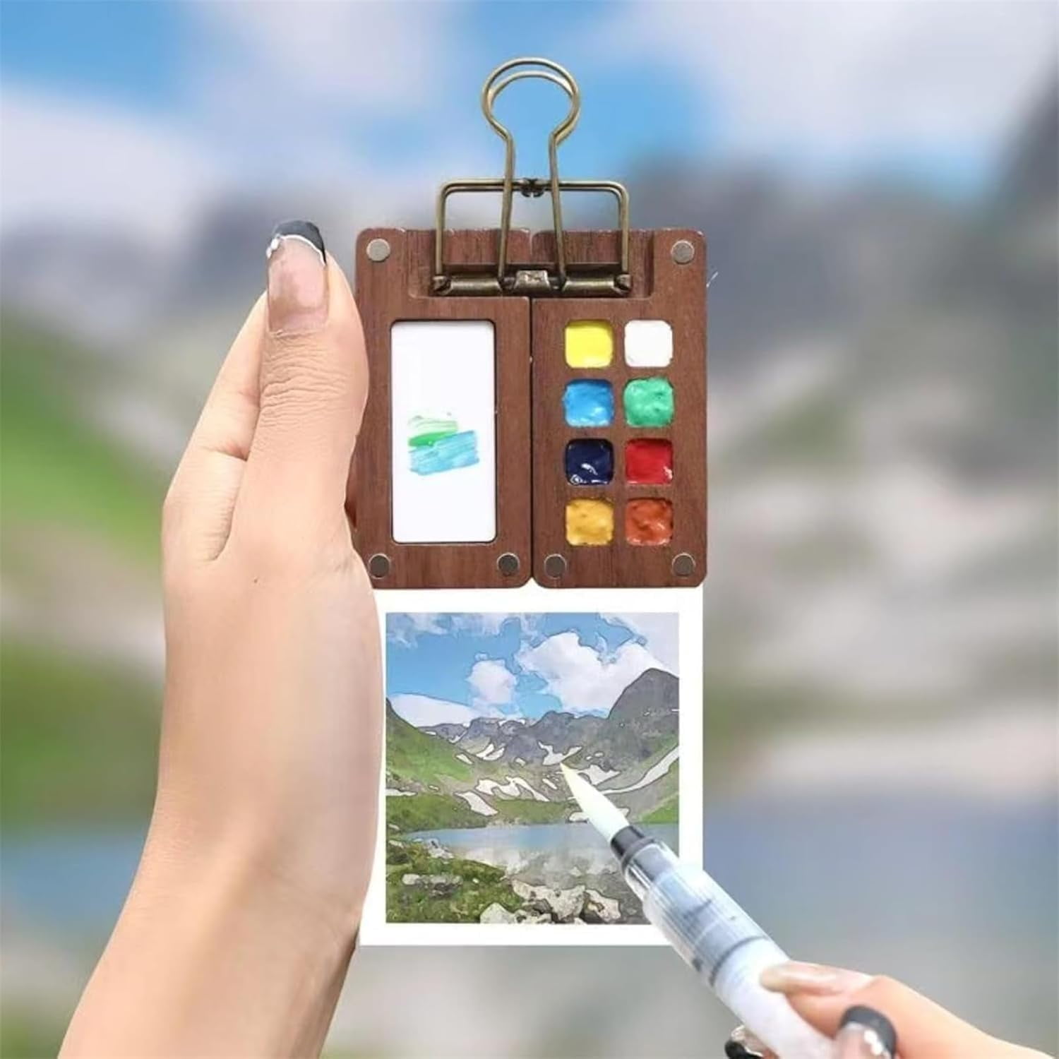 Pocket Artist Watercolor Travel Set, Travel Kit Mini Watercolor Paint Palette Set, Pocketartist Travel Set Mini Portable Watercolor Travel Set，2024 Wooden Grid Paint Palette (8 Grid Set)