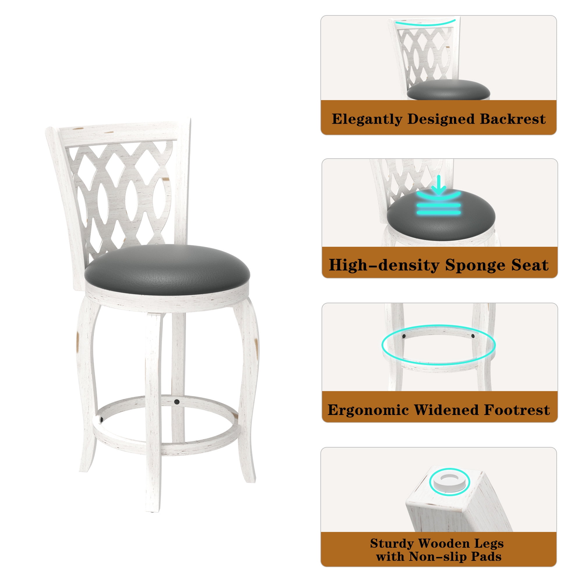 Joywind 24" Counter Height Swivel Bar Stools with High Back, Upholstered Seat & Solid Wood Footrest, White, Set of 2