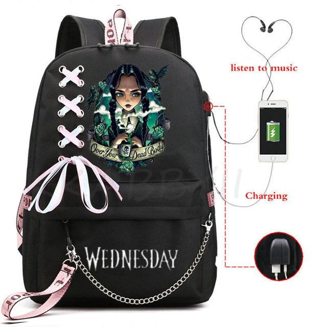 Wednesday Addams Backpack USB Charge Anime Cosplay School Bags for Boys Girls Gift Capacity Laptop School Mochilas qiuyongming unisex