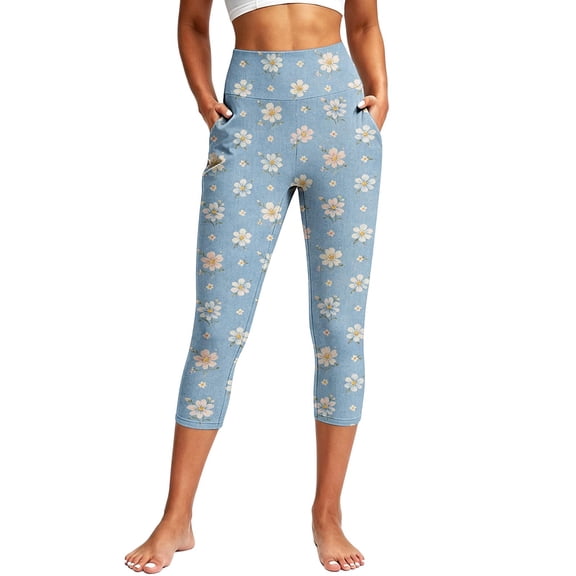 DIOAZUD Women's High Waisted Capri Jeggings with Pockets Printed Yoga Pants Workout Tights Blue S-XXXL
