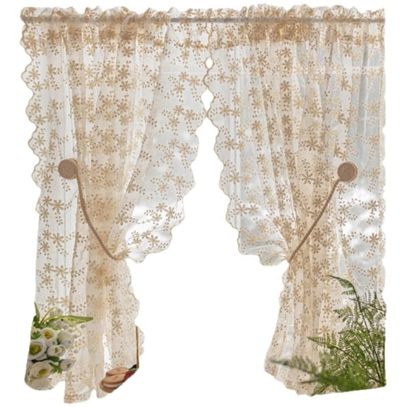 2-PCS French Lace Sheer Curtain, Floral Embroidery Window Voile for Small Windows and Bay, Cream White, 55.1 x 68.9 Inches per Panel