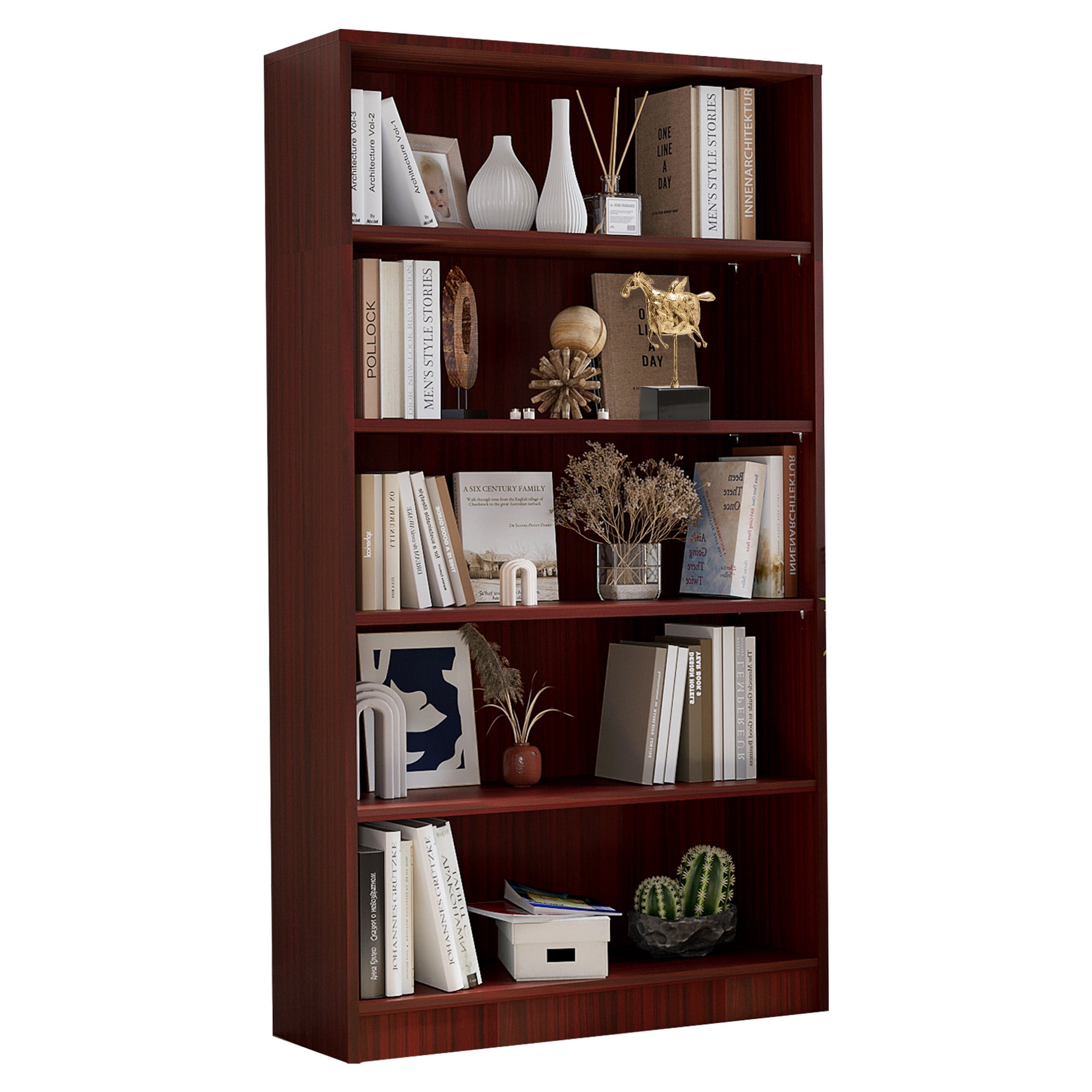 MAYEERTY 5-Shelf Black Wood Bookcase, 60" Tall, for Bedroom, Cherry