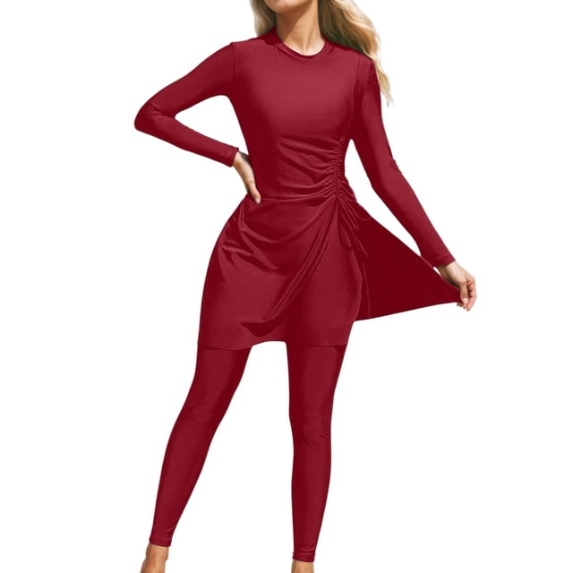 Riforla Maillot de Bain Femme Couvrant Complet Maillot de Bain Deux Pièces avec Protection Solaire UPF pour Plage Surf Maillot de Bain pour Femme Rouge 0.00