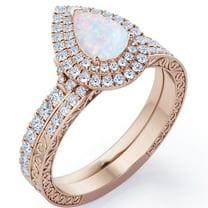 JeenMata Double Halo Set 1.75 Carat Pear Shape Ethiopian Opal and Moissanite Pave Victorian Bridal Ring Set in 18K Rose Gold Plating over Silver