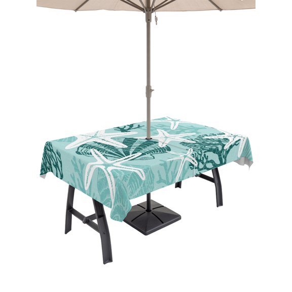 Outdoor Tablecloths with Umbrella Hole & Zipper, Teal Green Starfish Tablecloth Rectangle 60x84 Inch, Coral Shell Ocean Vintage Coastal Waterproof Table Cloth, Patio/Pool/Picnic Table Covers