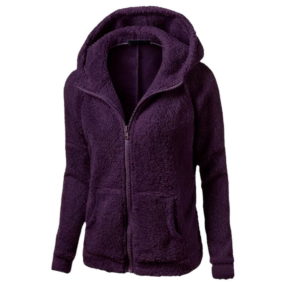 Women's Raglan Sleeve Hooded Jacket, Short Plush Surface Zip Front Coat, Drop Shoulder Casual Outerwear, Soft Pile Fleece Pullover, Comfortable Loose Fit Top Dark Purple L