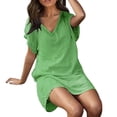 thumbnail image 1 of B91xZ Robes d'Été pour Femmes 2024 Manches Courtes Col en V Ceinture Taille Haute Basse Robe Cocktail Unie, Vert L, 1 of 5