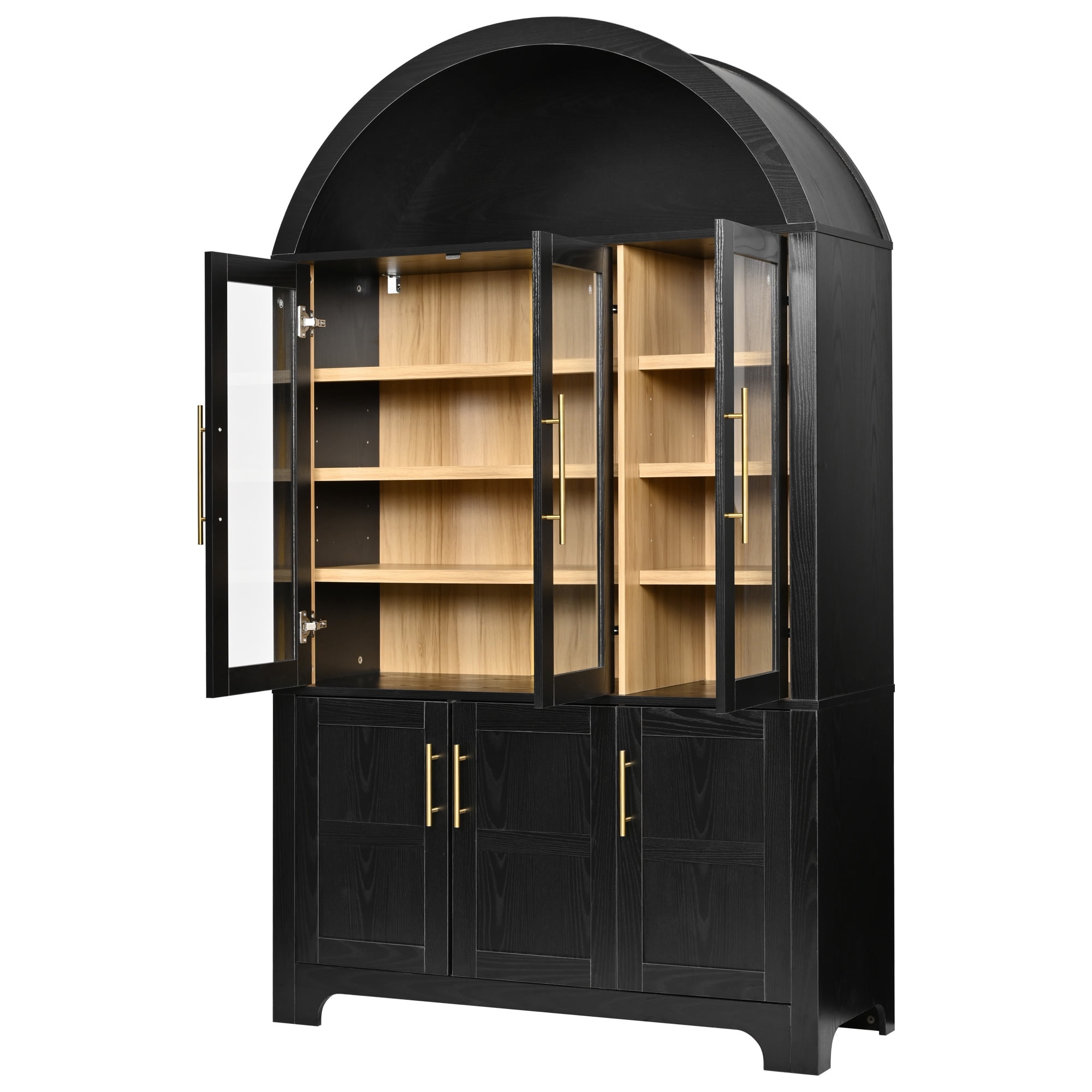 Euroco 73" Tall Arched Kitchen Pantry Cabinet,Farmhouse Wood Kitchen Storage Cabinet with 3 Glass Doors,Door Shelves & Adjustable Shelves,Freestanding Pantry Cupboard for Kitchen Bathroom,Black