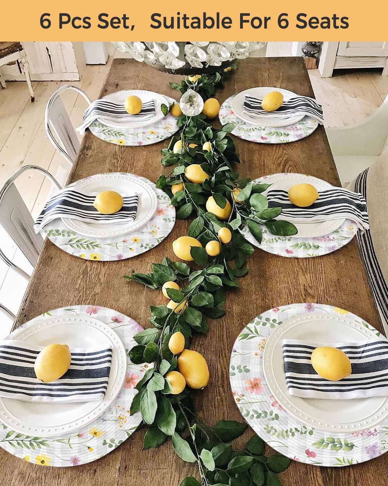13 Inch Round Placemats Set of 4, Pink Spring Floral Non Slip Heat Insulation PP Table Mats, Flowers Botanical Elegant Grey Checkered Washable Place Mats for Kitchen Dining Party Table Decor