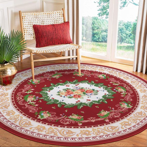 HiiARug Tapis Rond 6 Pieds Médaillon Vintage Rouge Tapis Floral Lavable en Machine Antidérapant pour Décoration de Noël Salon, Cuisine, Chambre, Rouge 6 Pieds