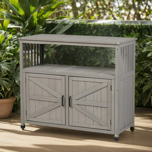 Outdoor Storage Cabinet, Patio Bar Table with Two Doors and Shelves, Wooden Patio Bar Table Set with Storage, Buffet Cabinet Sideboard for Outdoor and Indoor, Gray