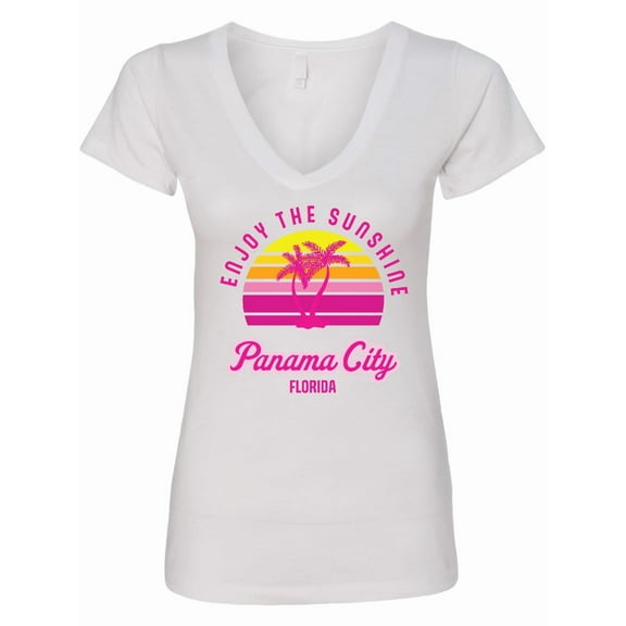 Inktastic Summer Enjoy the Sunshine Panama City Florida in Pink Women's V-Neck T-Shirt
