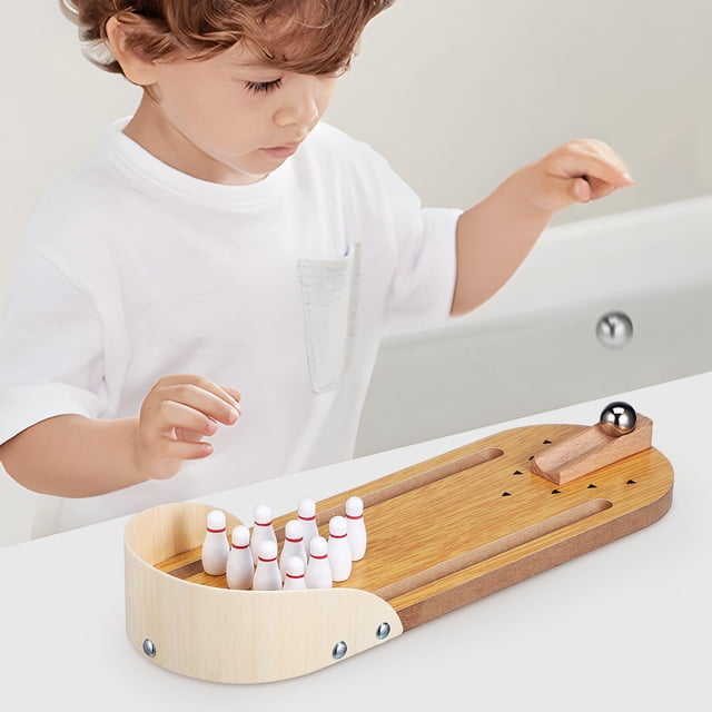 Mobutofu Tabletop Mini Bowling Game Set 1 Set for Family Gathering Wooden Material Light Brown Color
