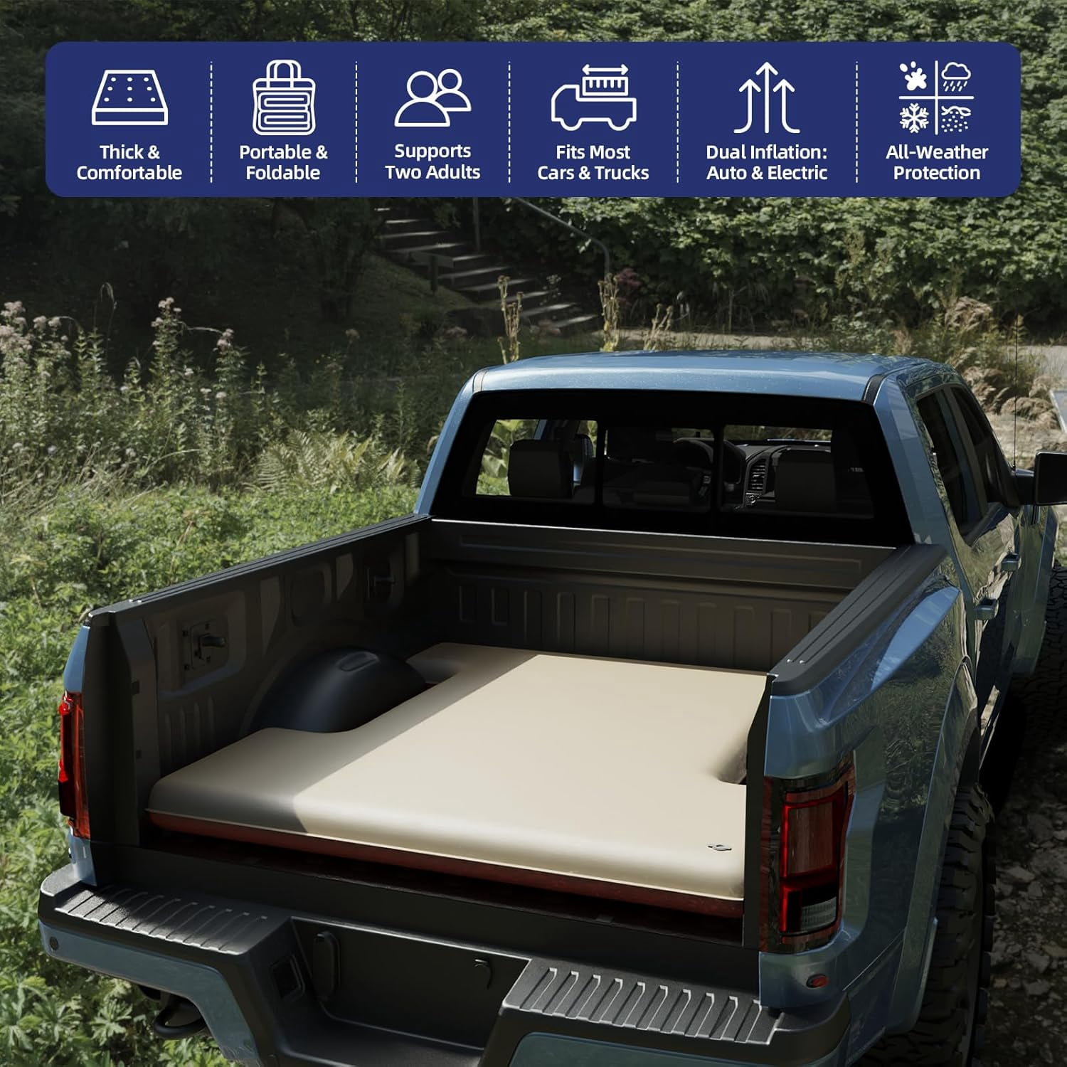 Truck Bed Mattress for 5.5-5.8Ft, Self-Inflating Mat Full-Size Short Trucks Bed for Outdoor Camping, Pickup Tent Accessories 12V Air Pump, Carry Bag, for Silverado, RAM, F Series, Sierra, Titan