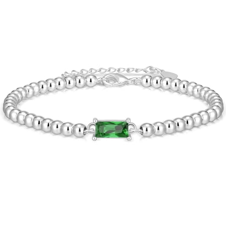 LUNVKY S925 Stering Sliver Plated Beaded Bracelets for Women Girls CZ May Birthstone Bracelets with Green Emerald Birthday Graduation Jewelry Gifts Teen Mom Her Adult Wife Kids Age Ideas