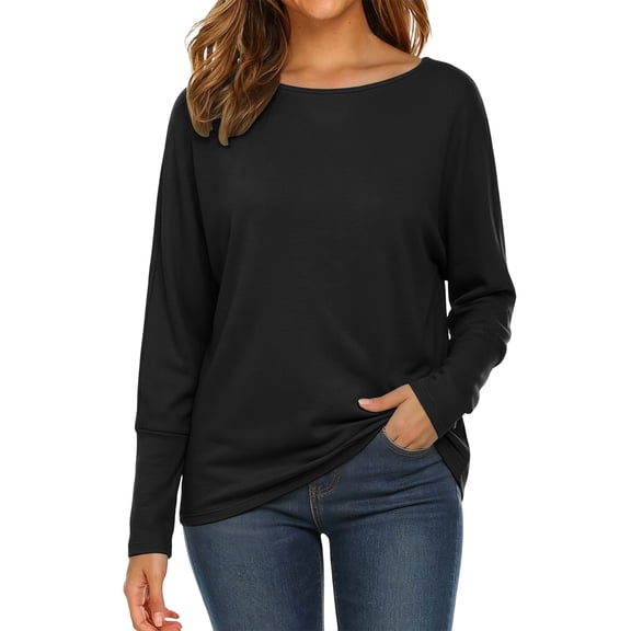 Njagoc3 Tops for Women | Crewneck Long Sleeve Relaxed Fit Pullover Top with Ribbed Cuffs & Curved Hem | Relaxed Fit for Fall Casual Wear & Lounge Activities,Black,S