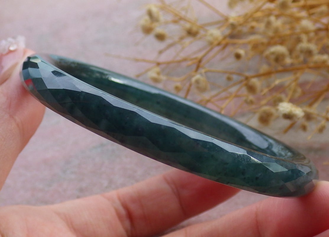 Green Natural A JADE Jadeite Dia Cut Circle Bangle Bracelet 58 mm 682679 TN