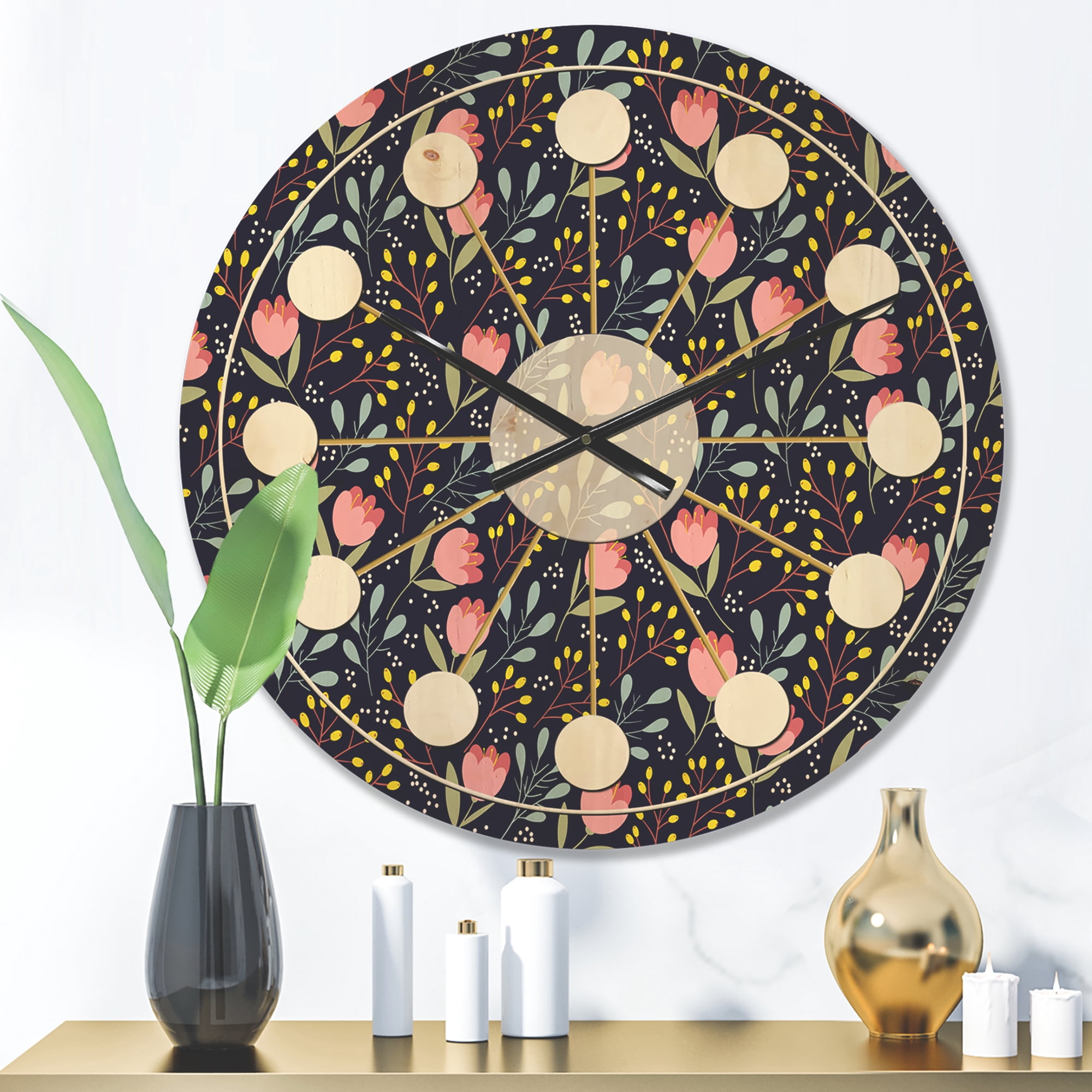 Designart 'Pink Flowers With Leaves' Mid-Century Modern Wood Wall Clock