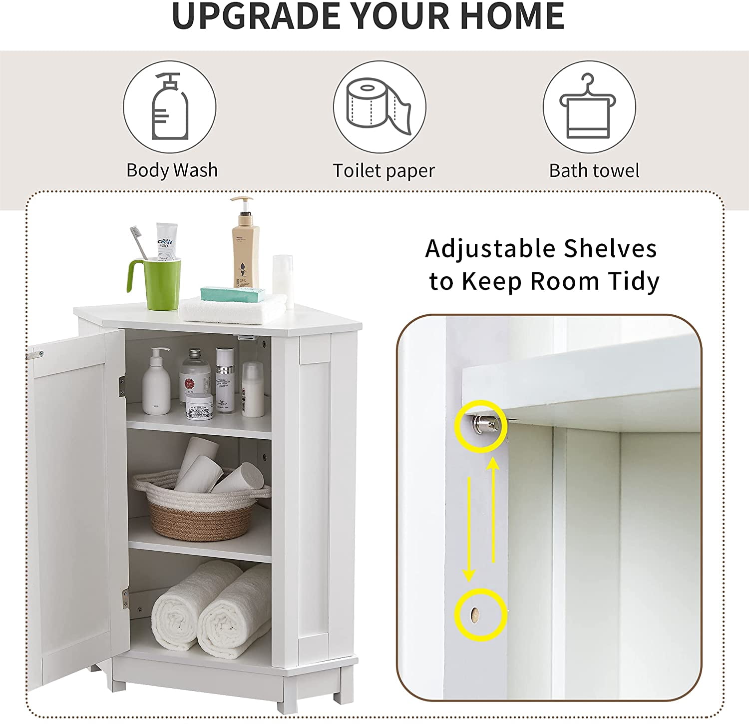 31" Corner Storage Cabinet, Wood Freestanding Triangle Floor Cabinet with Door & Shelves, White