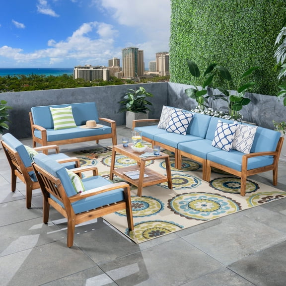 Wilcox Outdoor 8 Piece Acacia Wood Sectional Sofa Set with Cushions, Teak, Blue