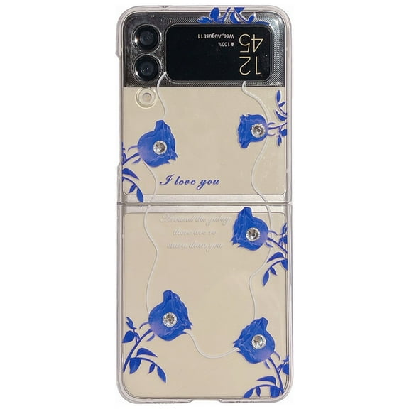 For Samsung Galaxy Z Flip4/3 5G Case Cover, Shockproof Luxury Painted diamond blue rose PC Slim Hybrid Case Cover