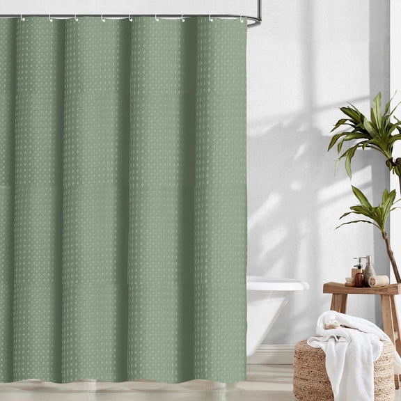Dznils Waffle Shower Curtain with Hooks, Thick Weighted Fabric Bathroom Curtain, Green, 72" x 72"