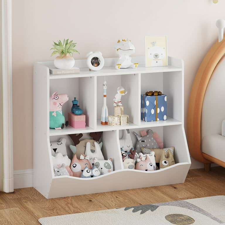 Costway Kids 2-Shelf Bookcase 5-Cube Wood Toy Storage Cabinet - White