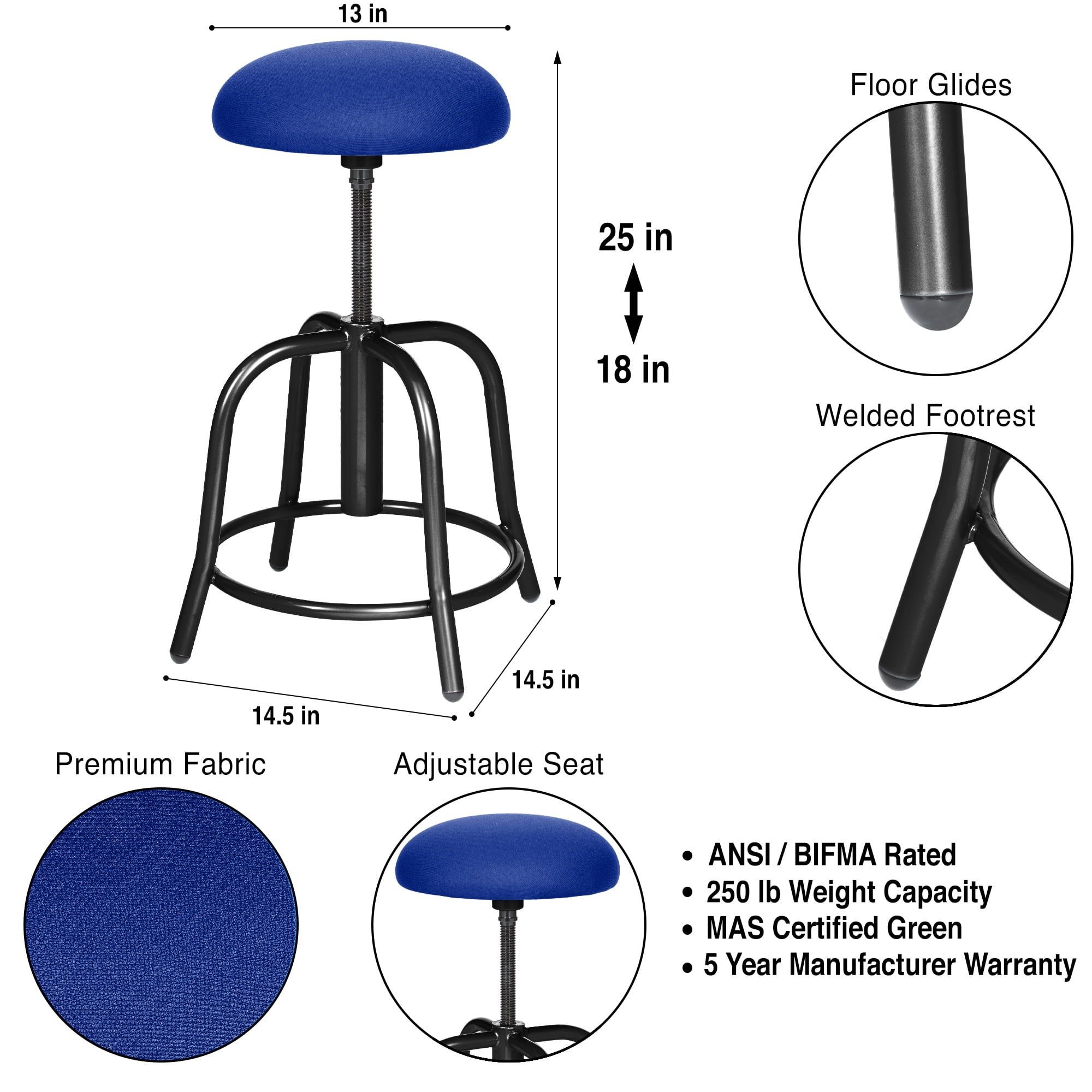 Hampden Furnishings Vince Collection Fabric Padded Swivel Art Stool, Black/Dark Blue, 19"-25"