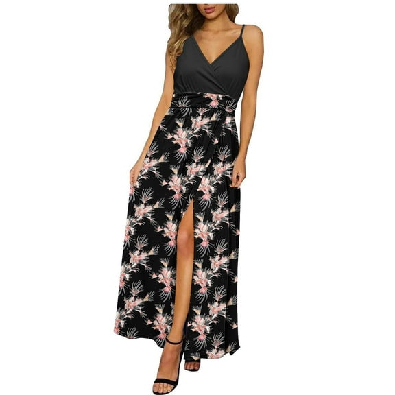 Horkkom Maxi Dresses for Women V Neck Floral Print Spaghetti Strap Dresses Summer Loose Casual Long Dresses L